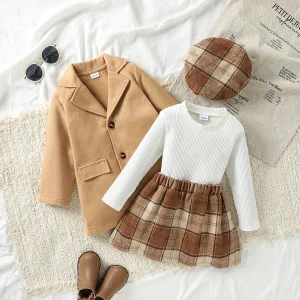 4Pcs Long Sleeve Wool Coat + Autumn /Winter  Clothing Outfits For 1-6Y +Hat