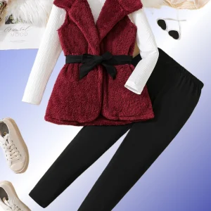 girls three-piece wine-red lamb velvet vest suit